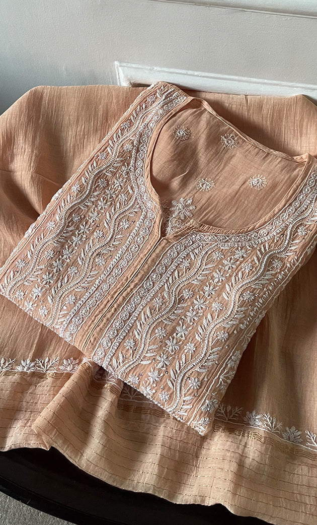 Women's Lakhnavi Handcrafted Mul Chanderi Semi - Stitched Kurta And Dupatta Set - HONC0309529