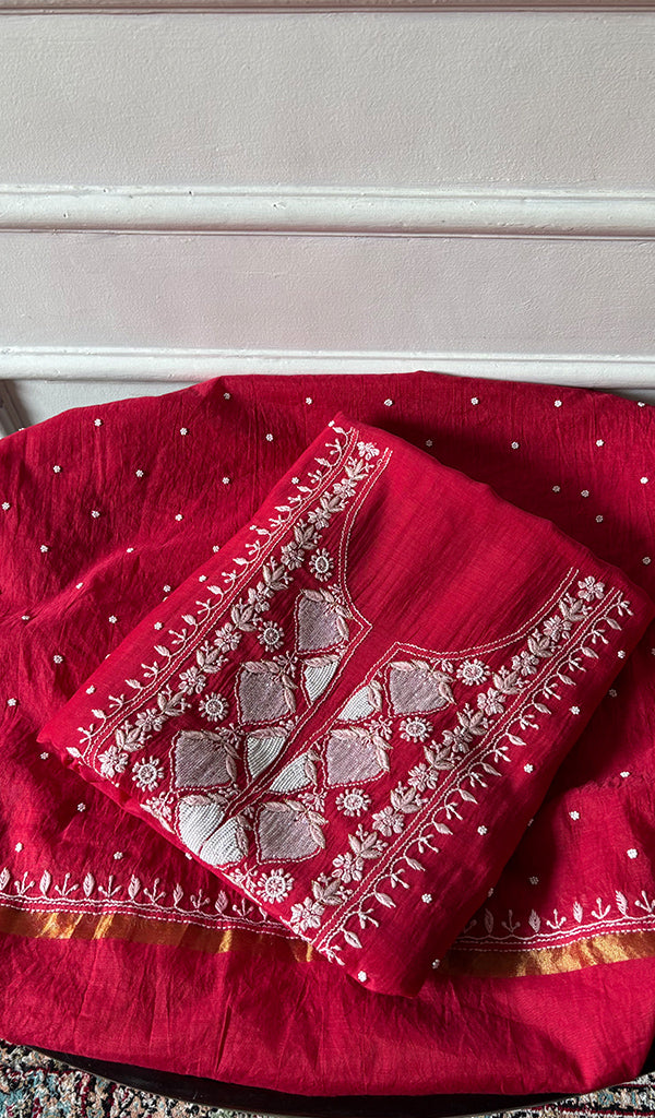 Jazba Women's Lakhnavi Handcrafted Mul Chanderi Unstitched Kurta And Dupatta Set - HONC0356296