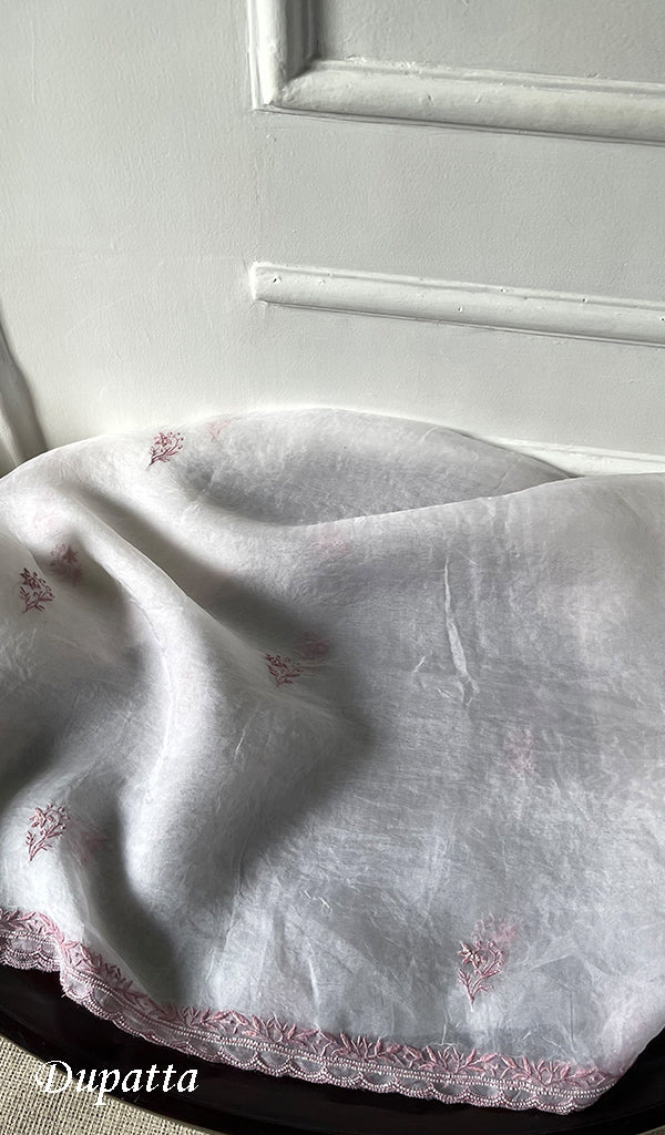 Women's Lakhnavi Handcrafted Pure Organza Chikankari Unstitched Kurta And Dupatta Set- HONC0316458