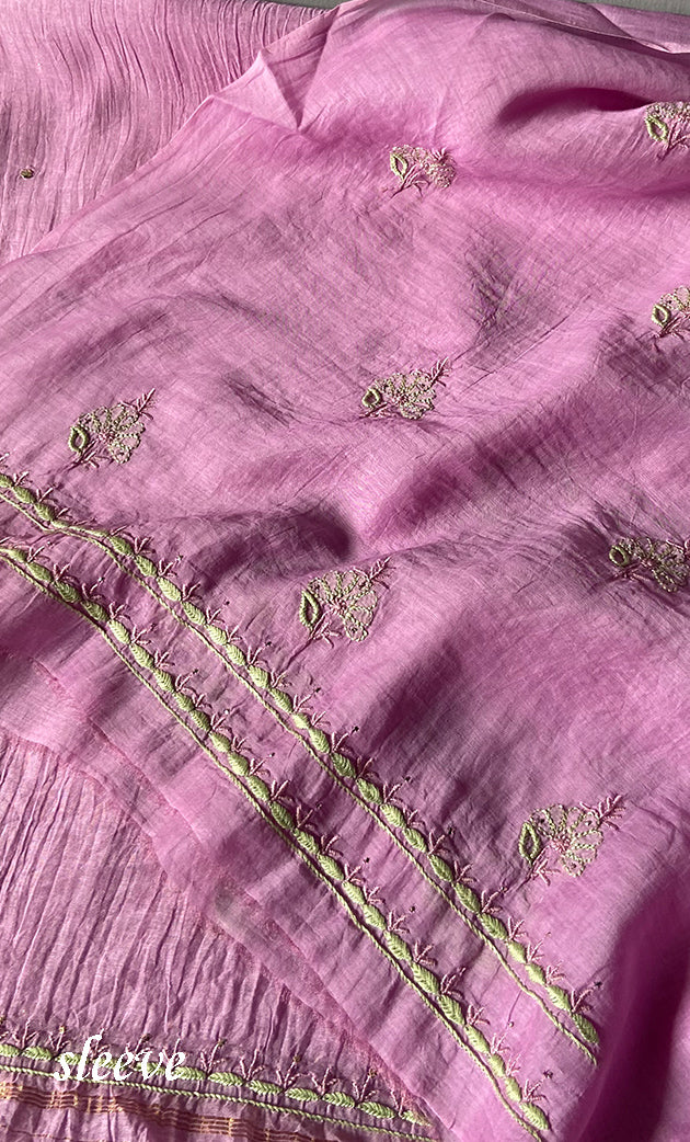 Women's Lakhnavi Handcrafted Mul Chanderi Unstitched Chikankari Full Suit Material - HONC0268520