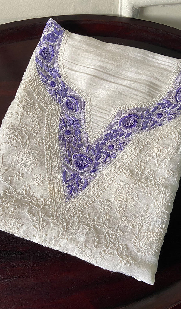 Women's Lakhnavi Handcrafted White Raw Silk Chikankari Unstitched Kurti Fabric - NC043738
