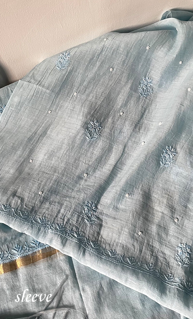 Women's Lakhnavi Handcrafted Mul Chanderi Unstitched Chikankari Full Suit Material - HONC0305473