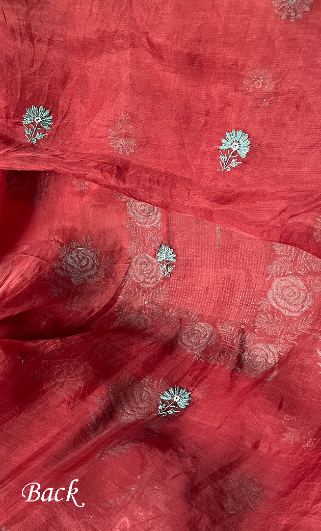 Gulaab Women's Lakhnavi Handcrafted Pure Organza Chikankari Unstitched Kurta And Dupatta Set- HONC0288593