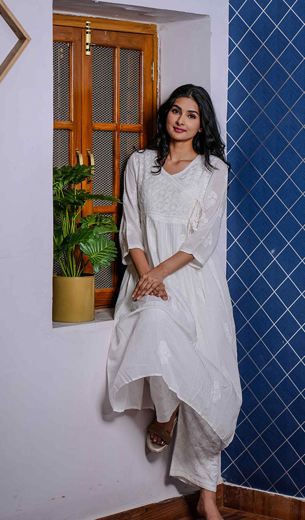 Women's Lucknowi Handcrafted Modal Cotton Chikankari Angrakha - HONC0210167