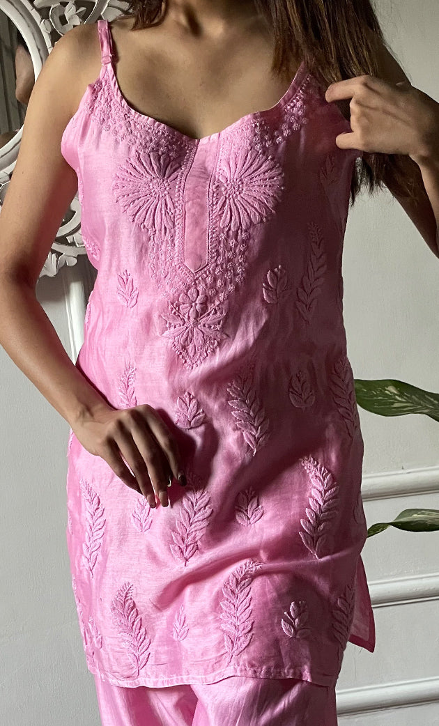 Amreena Women's Lakhnavi Handcrafted Chanderi Silk Chikankari Top And Pant Set - HONC0322958