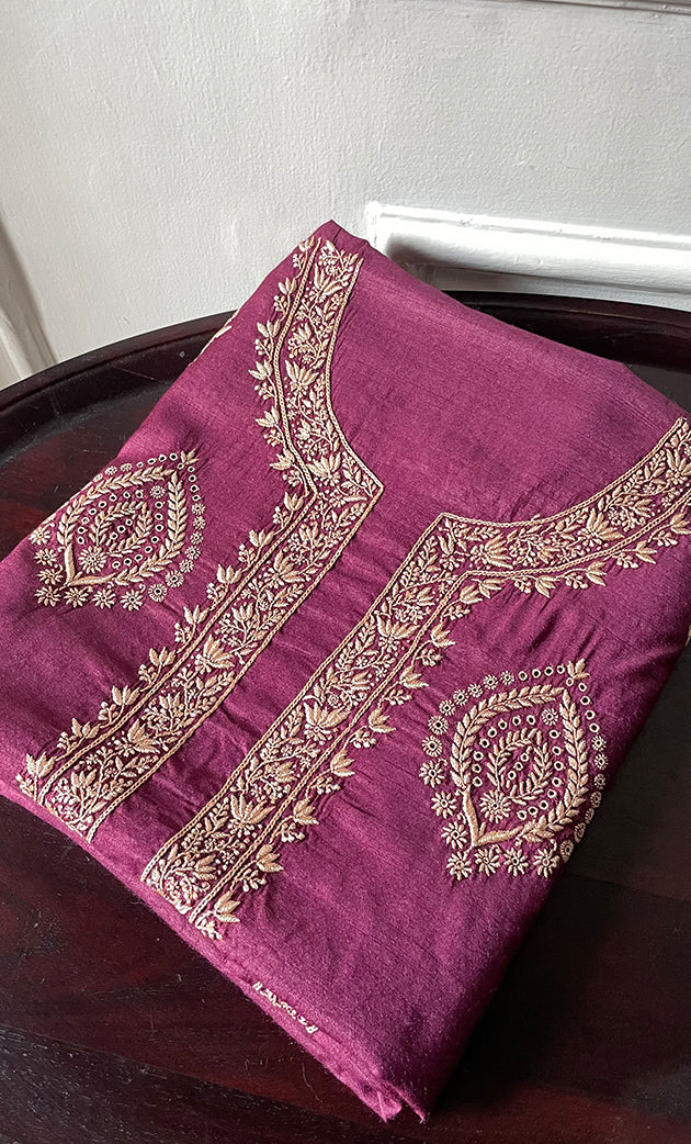 Lucknowi Handcrafted Munga Silk Chikankari Unstitched Men's Kurta Fabric - HONC0327308