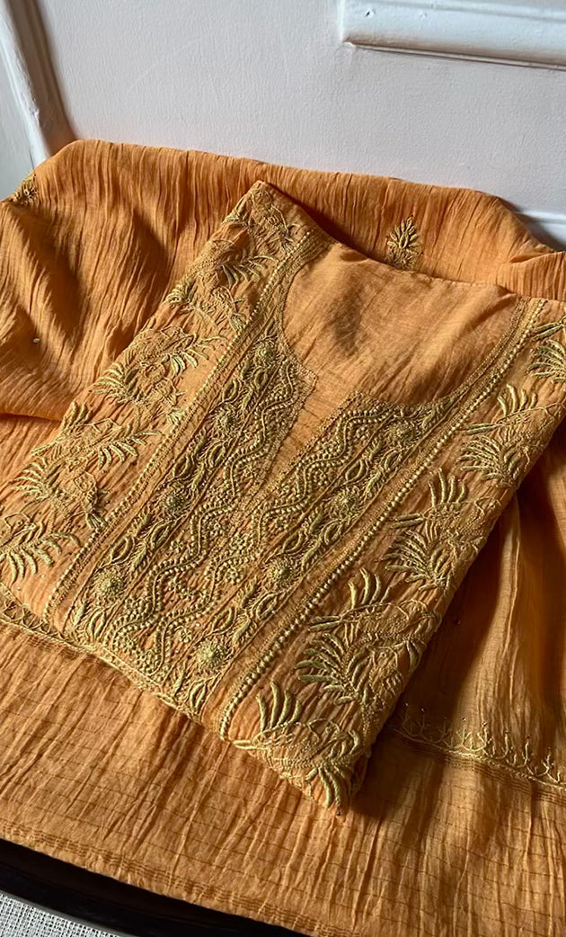 Women's Lakhnavi Handcrafted Mul Chanderi Semi - Stitched Kurta And Dupatta Set- HONC0305150
