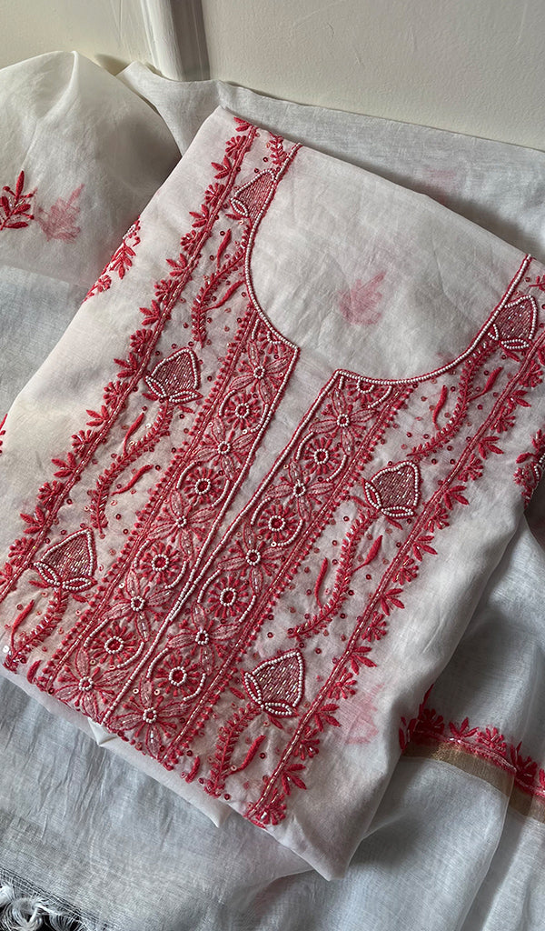 Women's Lakhnavi Handcrafted Mul Chanderi Unstitched Kurta And Dupatta Set - HONCO278129