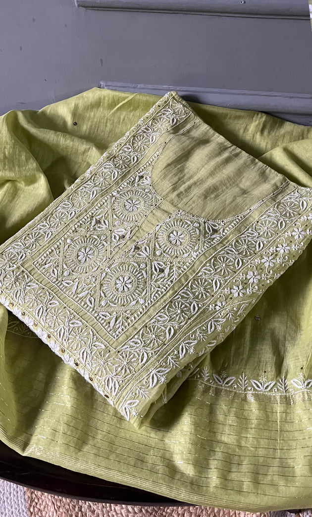 Women's Lakhnavi Handcrafted Mul Chanderi Semi - Stitched Kurta And Dupatta Set - HONC0270073
