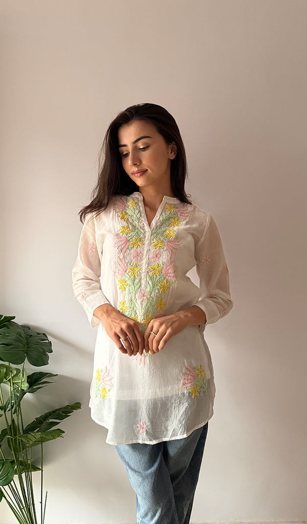 Sophia Women's Lakhnavi Handcrafted Mul Chanderi Chikankari Top - HONC0372912