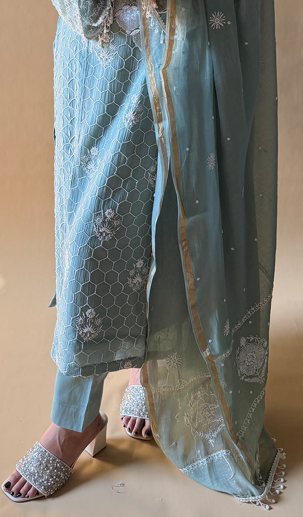 Women's Lucknowi Handcrafted Mul Chanderi Stitched Chikankari Kurta Dupatta With pant Set- HONC0353063