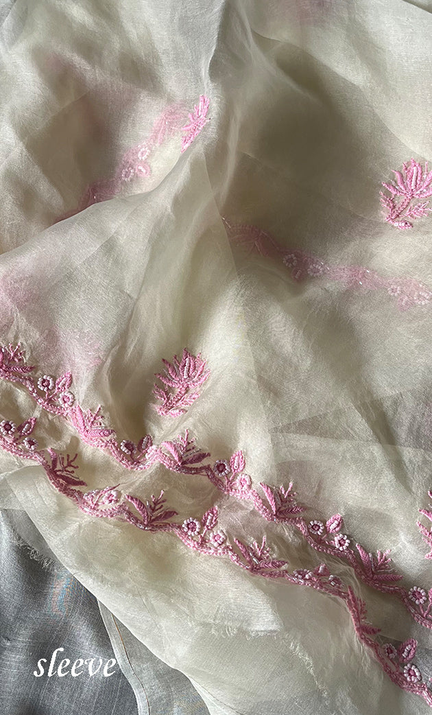Women's Lakhnavi Handcrafted Pure Organza Chikankari Unstitched Kurta And Dupatta Set- HONC0296105
