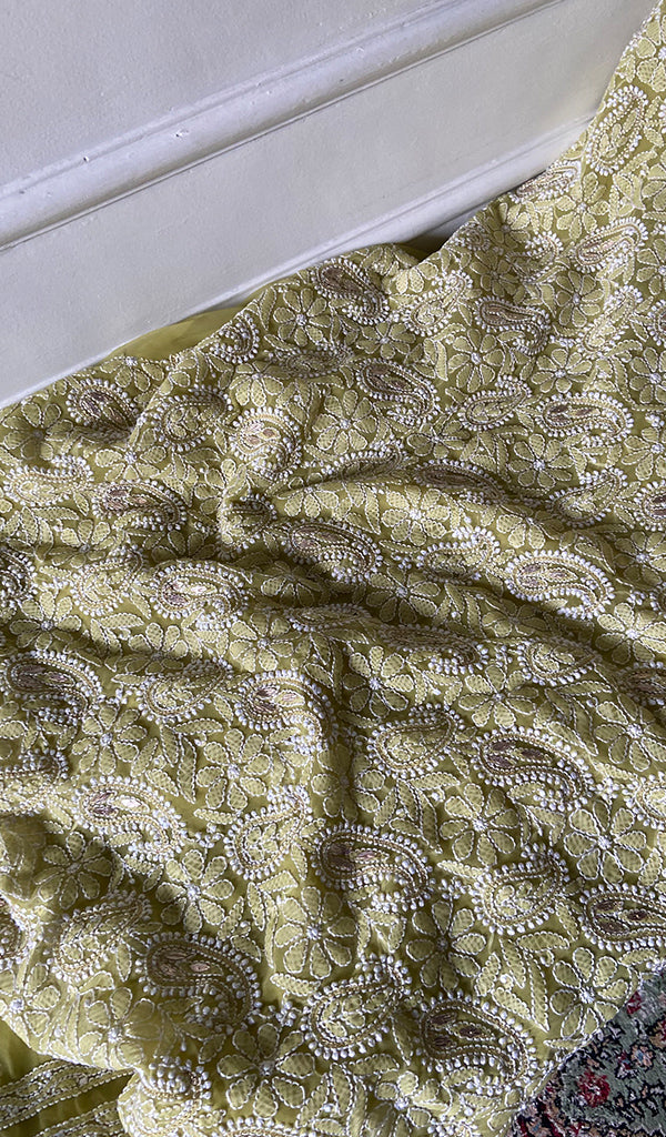 Women's Lakhnavi Handcrafted Unstitched Faux-Georgette Chikankari Suit Material - HONC0318463