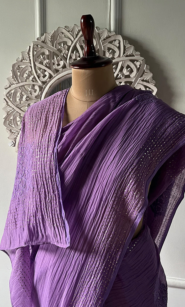 Women's Lakhnavi Handcrafted Mul Chanderi Chikankari Saree - HONC0321336