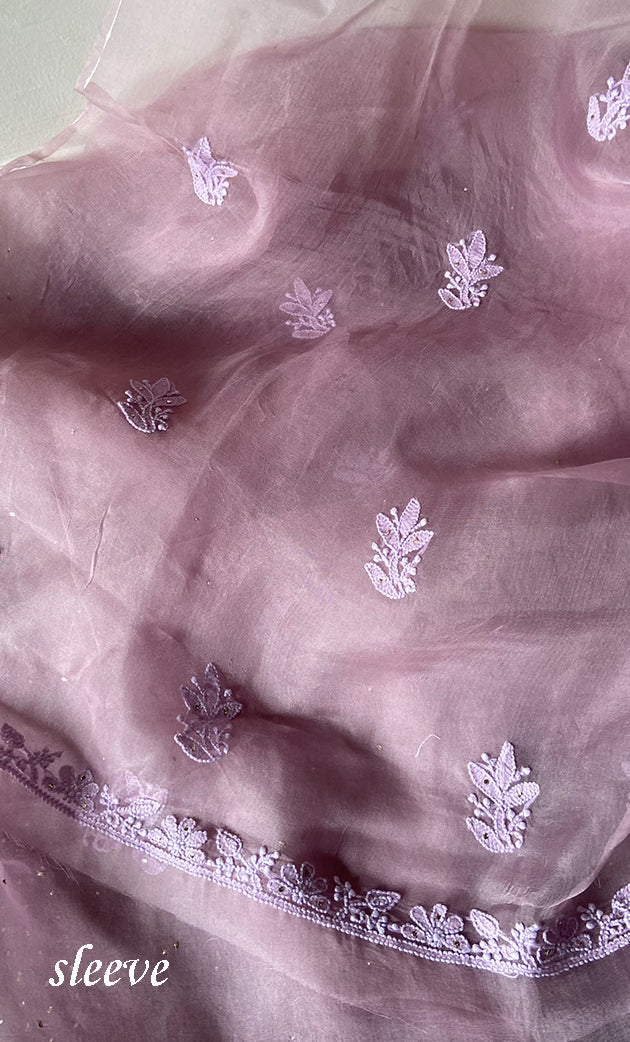 Women's Lakhnavi Handcrafted Pure Organza Chikankari Unstitched Kurta And Dupatta Set- HONC0266924