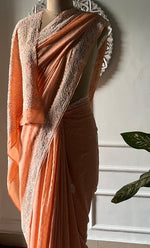 将图像加载到图库查看器中， Women's Lakhnavi Handcrafted Pure Silk Georgette Chikankari Saree - HONC0313294