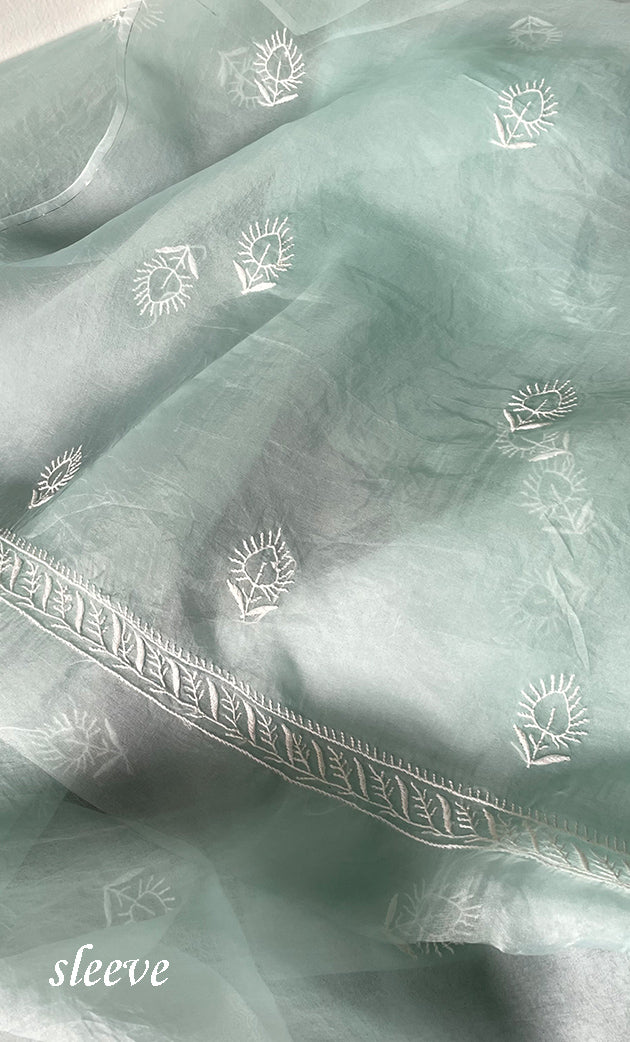 Women's Lakhnavi Handcrafted Pure Organza Chikankari Unstitched Kurta And Dupatta Set- HONC0314172