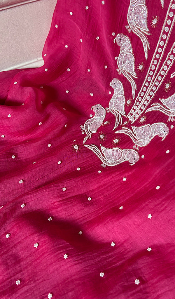Chidiya Women's Lakhnavi Handcrafted Mul Chanderi Unstitched Chikankari Full Suit Material - HONC0330327