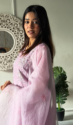 Load image into Gallery viewer, Women's Lucknowi Handcrafted Pure Organza Silk Stitched Chikankari Kurta, Dupatta With Pant Set- HONC0319989