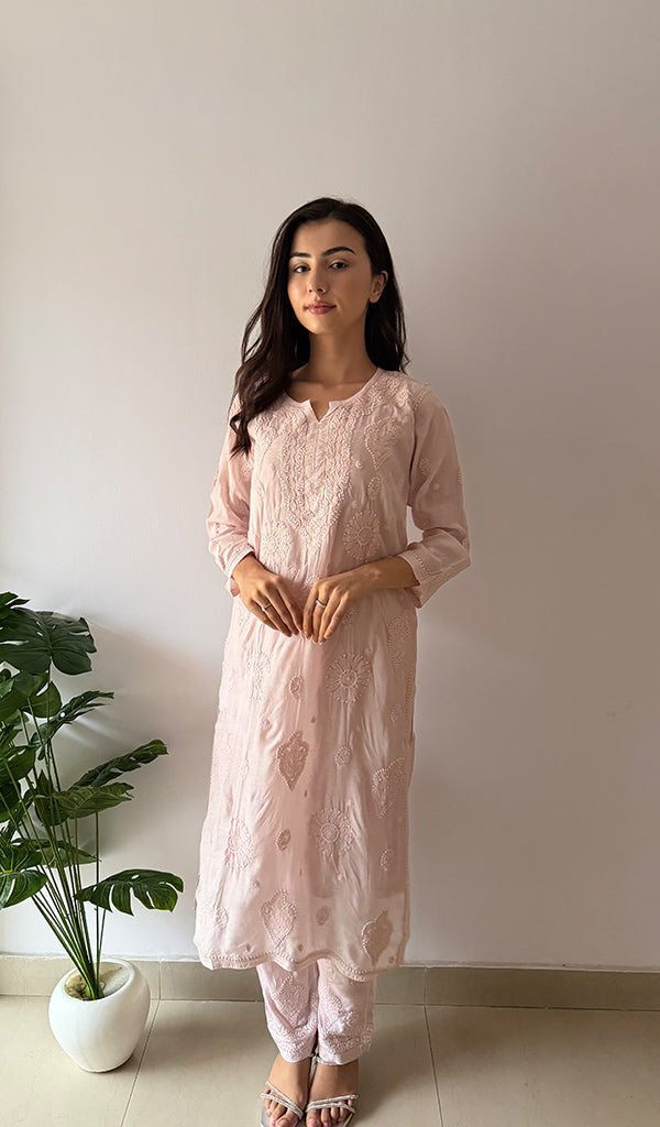 Women's Lakhnavi Handcrafted Modal Cotton Chikankari Kurti And Plazzo Set - HONC0371318