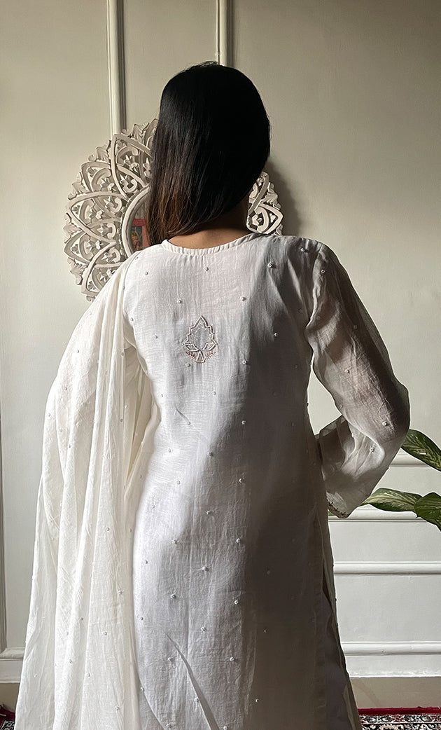 Women's Lakhnavi Handcrafted Mul Chanderi Chikankari Stitched Kurta, Dupatta And Pant Set - HONC0323124