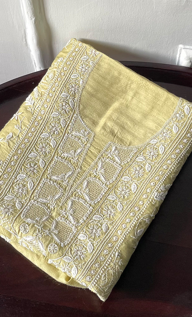 Women's Lakhnavi Handcrafted Munga Silk Chikankari Unstitched Kurti Fabric - HONC0316124