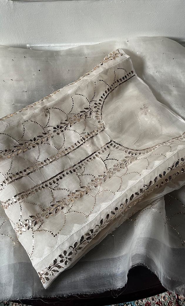 Women's Lakhnavi Handcrafted Pure Organza Chikankari Semi - stitched Kurta And Dupatta Set- HONC0331141