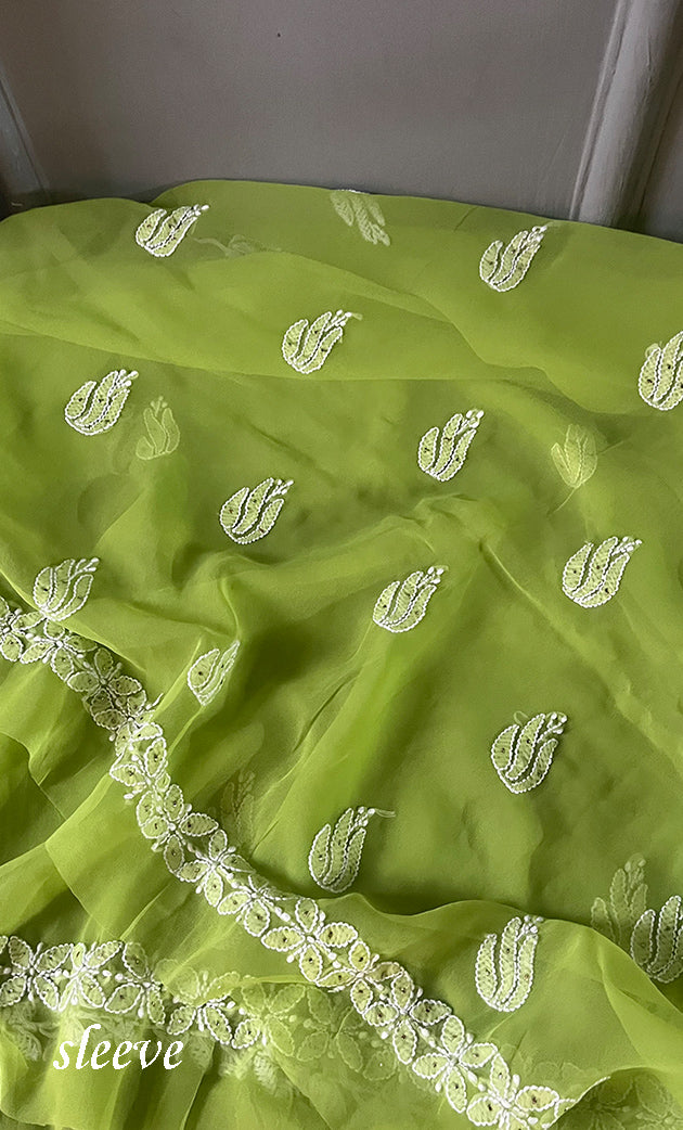 Women's Lakhnavi Handcrafted Unstitched Faux-Georgette Chikankari Suit Material - HONC0263407