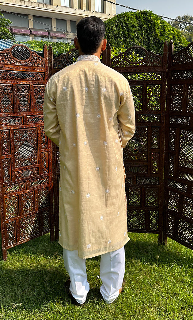 Men's Lucknowi Handcrafted Tissue Chanderi Chikankari Kurta - HONC0321236