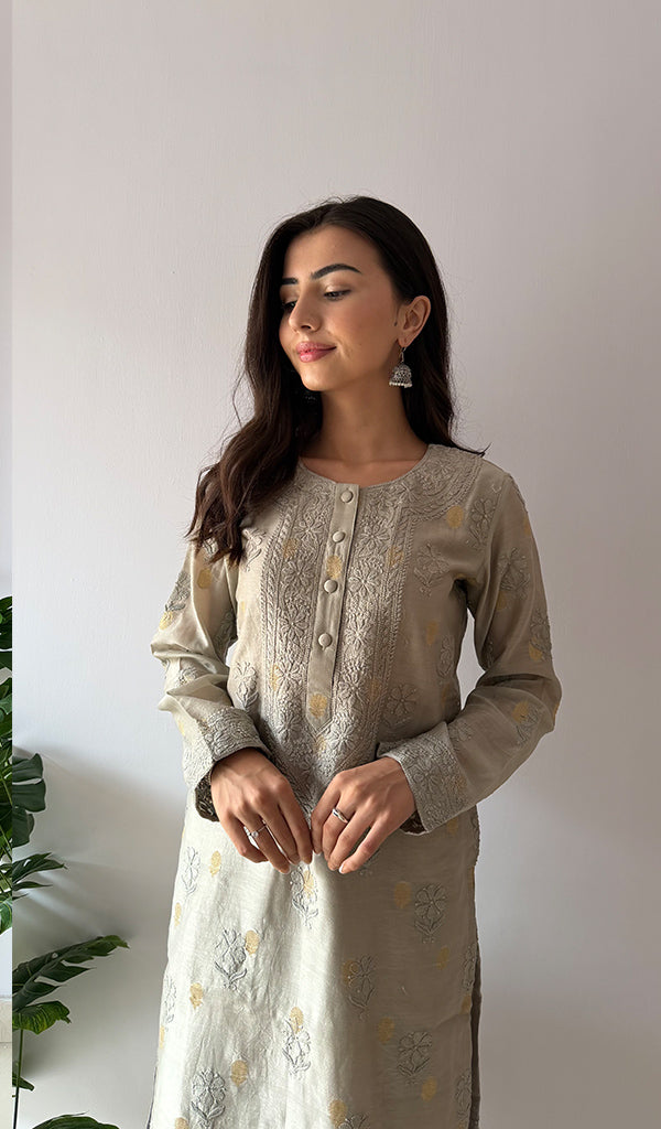 Women's Lucknowi Handcrafted Chanderi Silk Chikankari Kurti - HONC0354864