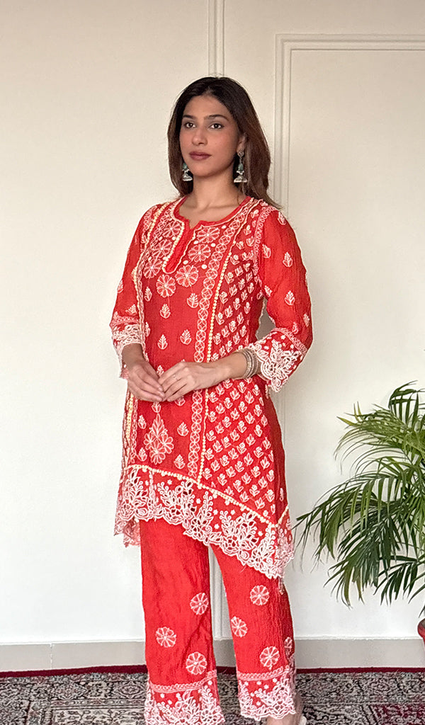 Women's Lucknowi Handcrafted Mul Chanderi Stitched Chikankari Short Kurta And Plazzo Set .