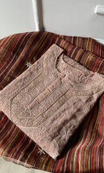 Load image into Gallery viewer, Women&#39;s Lakhnavi Handcrafted Pure Silk Georgette Semi - Stitched Chikankari Kurta And Dupatta Set - HONC0302217
