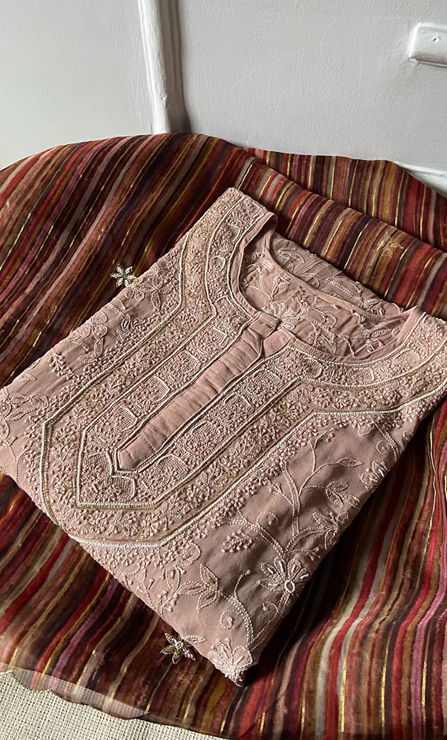 Women's Lakhnavi Handcrafted Pure Silk Georgette Semi - Stitched Chikankari Kurta And Dupatta Set - HONC0302217