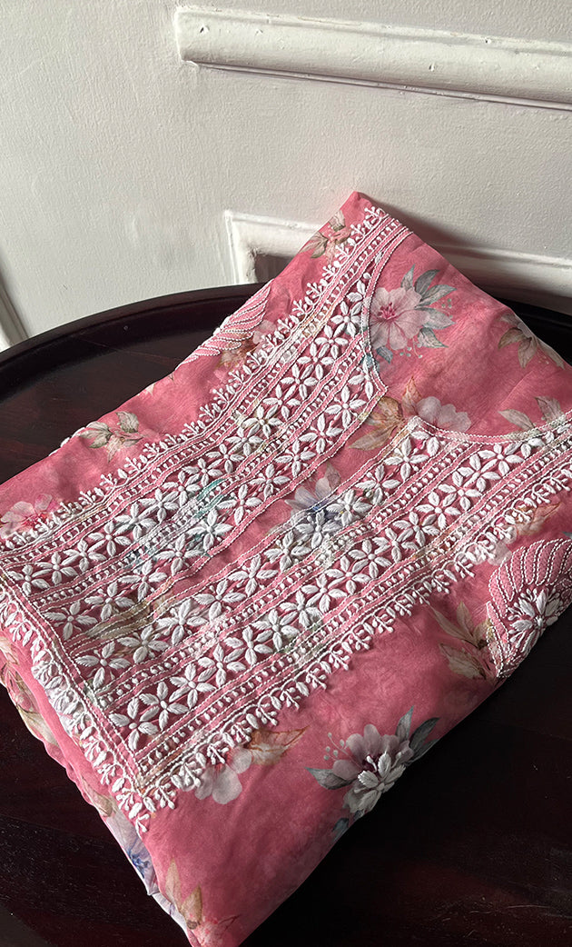 Disha Women's Lakhnavi Handcrafted Organza Chikankari Unstitched Kurti Fabric - HONC0332149