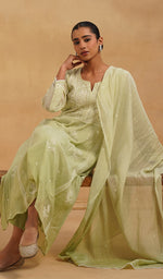 Load image into Gallery viewer, Women's Lakhnavi Handcrafted Mul Chanderi Chikankari Stitched Kurta, Dupatta And Pant Set - HONC0520644