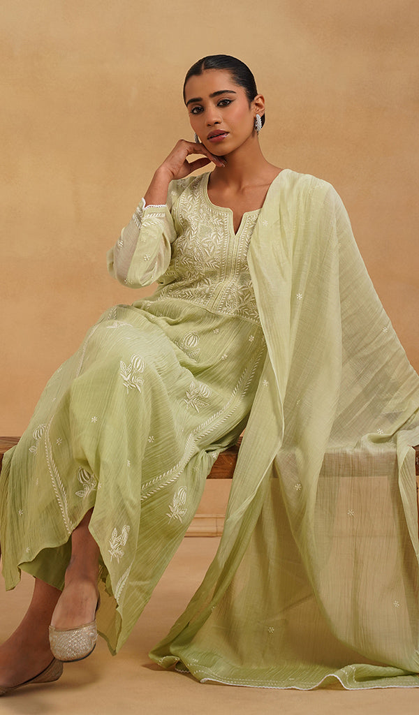 Women's Lakhnavi Handcrafted Mul Chanderi Chikankari Stitched Kurta, Dupatta And Pant Set - HONC0520644
