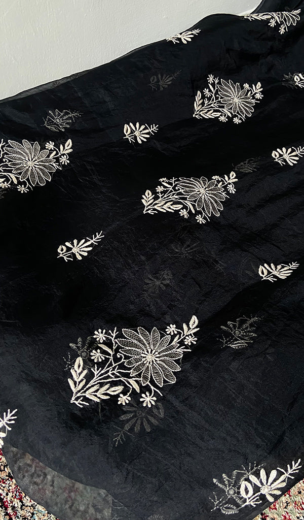 Women's Lakhnavi Handcrafted Pure Organza Chikankari Unstitched Kurta Dupatta Set .