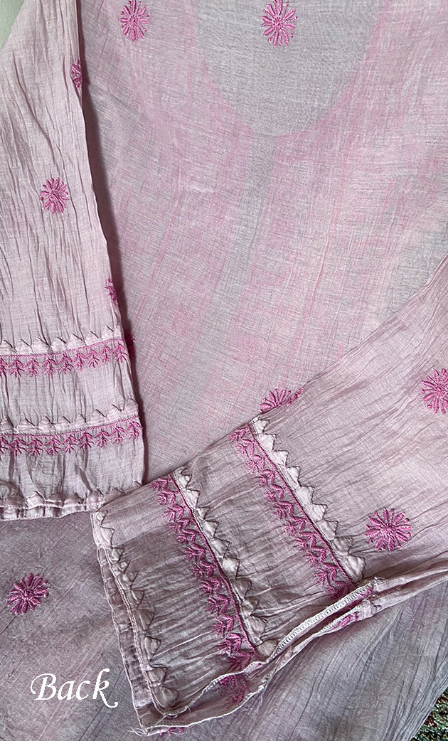 Women's Lakhnavi Handcrafted Mul Chanderi Semi - stitched Chikankari Full Suit Material - HONC0317047