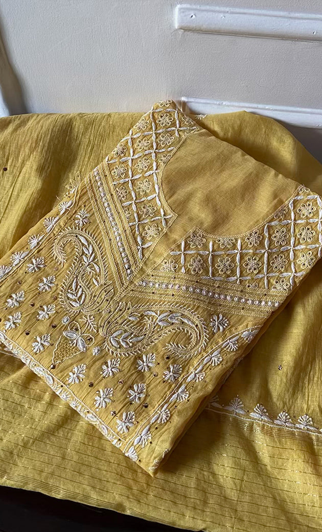 Women's Lakhnavi Handcrafted Mul Chanderi Semi - stitched Kurta And Dupatta Set- HONC0282417