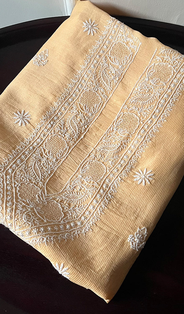 Lucknowi Handcrafted Maheshwari Mul Chanderi Chikankari Unstitched Men's Kurta Fabric - HONC0274613