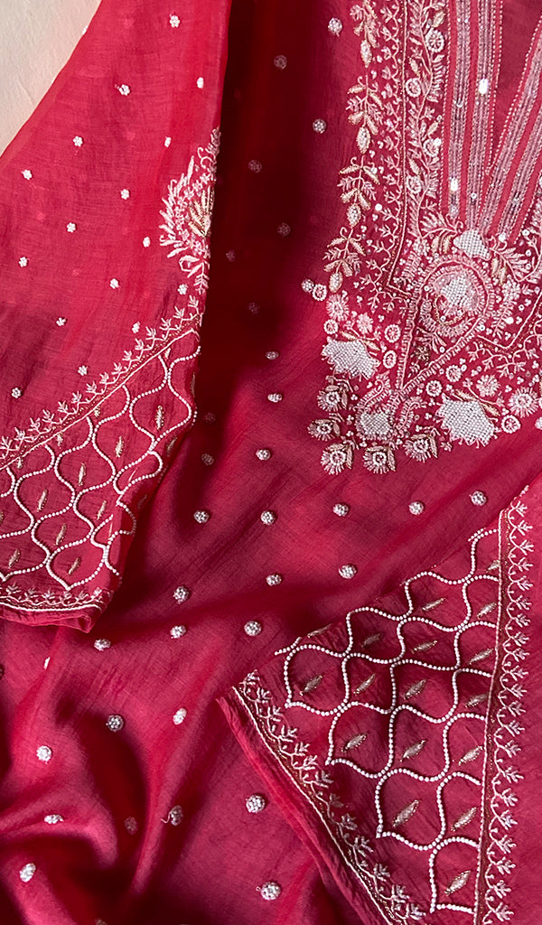 Women's Lakhnavi Handcrafted Mul Chanderi Semi - stitched Kurta And Dupatta Set- HONC0328240