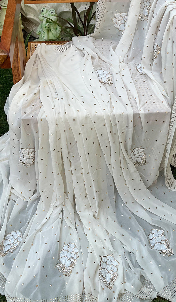 Women's Lakhnavi Handcrafted Pure Silk Georgette Chikankari Saree - HONC0278767