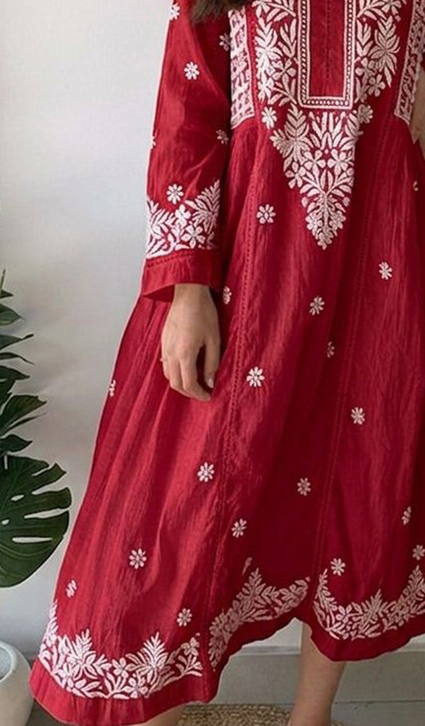 Fariah Women's Lucknowi Handcrafted Mul Chanderi Chikankari Kurti - HONC04497617