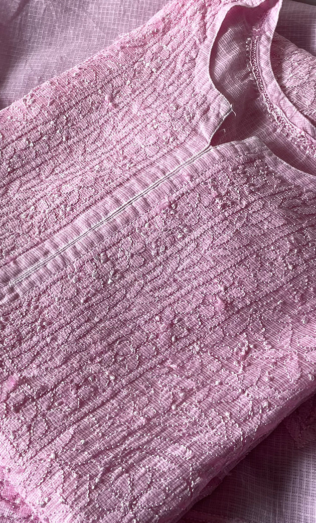 Women's Lakhnavi Handcrafted Kota Cotton Semi - Stitched Kurta And Dupatta Set- HONC0314211