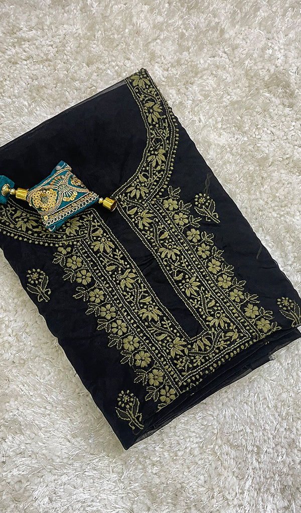 Women's Lakhnavi Handcrafted Organza Chikankari Unstitched Kurti Fabric - Honc0148495