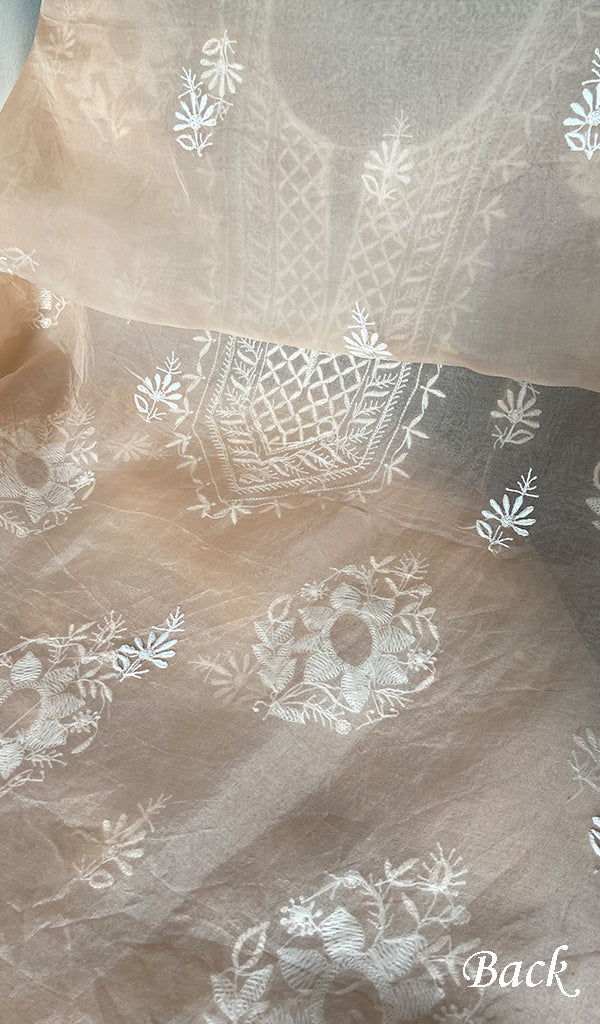 Women's Lakhnavi Handcrafted Pure Organza Chikankari Unstitched Kurta Dupatta Set- HONC0365705