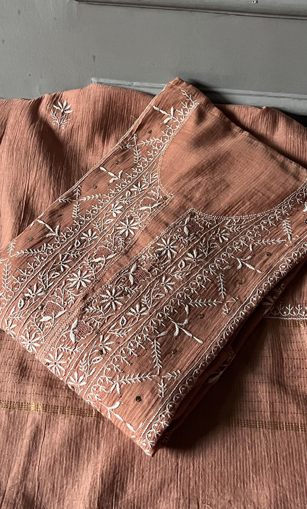 Women's Lakhnavi Handcrafted Maheshwari Mul Chanderi Semi - Stitched Kurta And Dupatta Set - HONC0271066