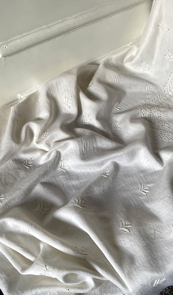 Women's Lucknowi Handcrafted Chanderi Silk Unstitched Chikankari Kurta and Dupatta Set- HONC0276221