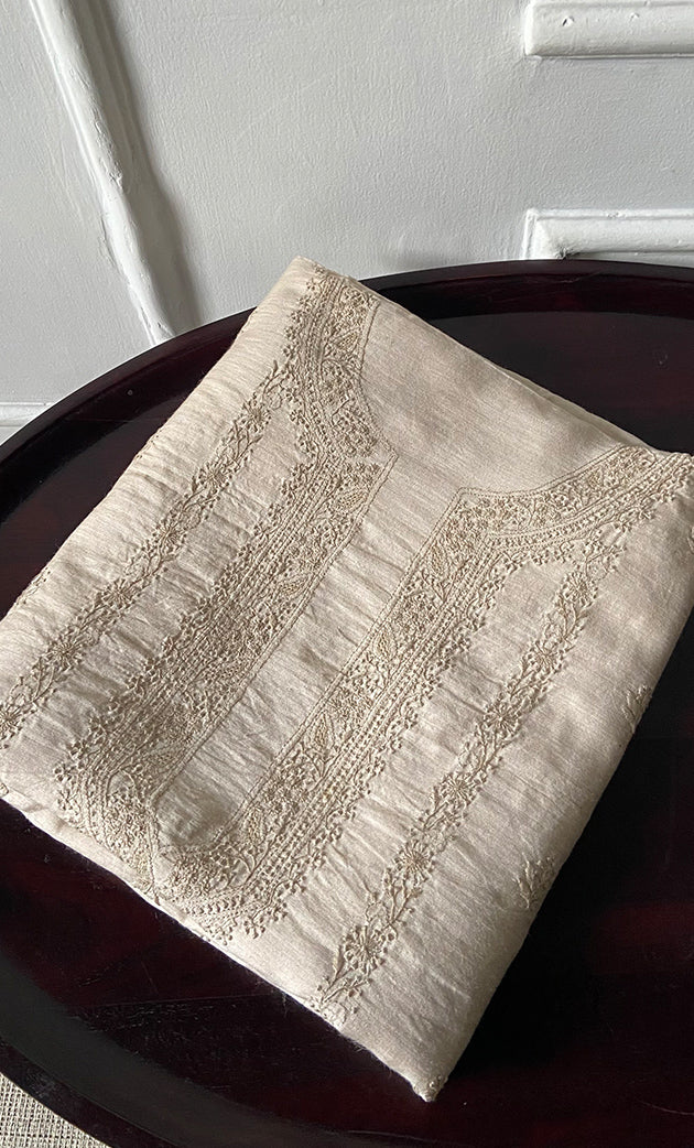 Lucknowi Handcrafted Munga Silk Unstitched Chikankari Unisex Kurta Fabric - HONC0302367