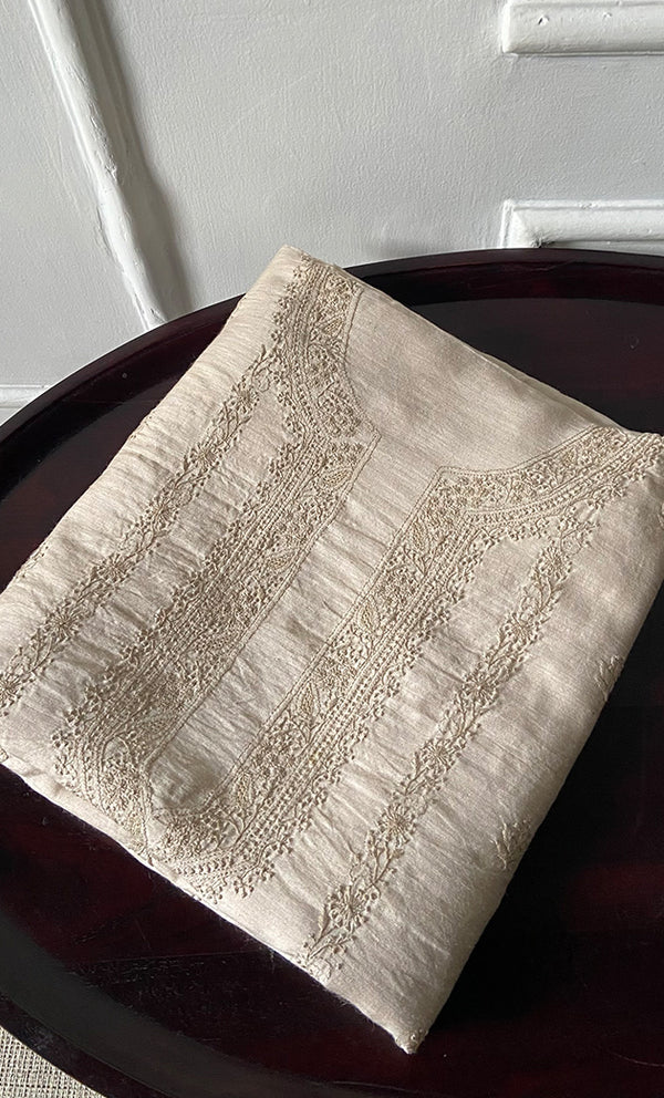 Lucknowi Handcrafted Munga Silk Unstitched Chikankari Unisex Kurta Fabric - HONC0302367